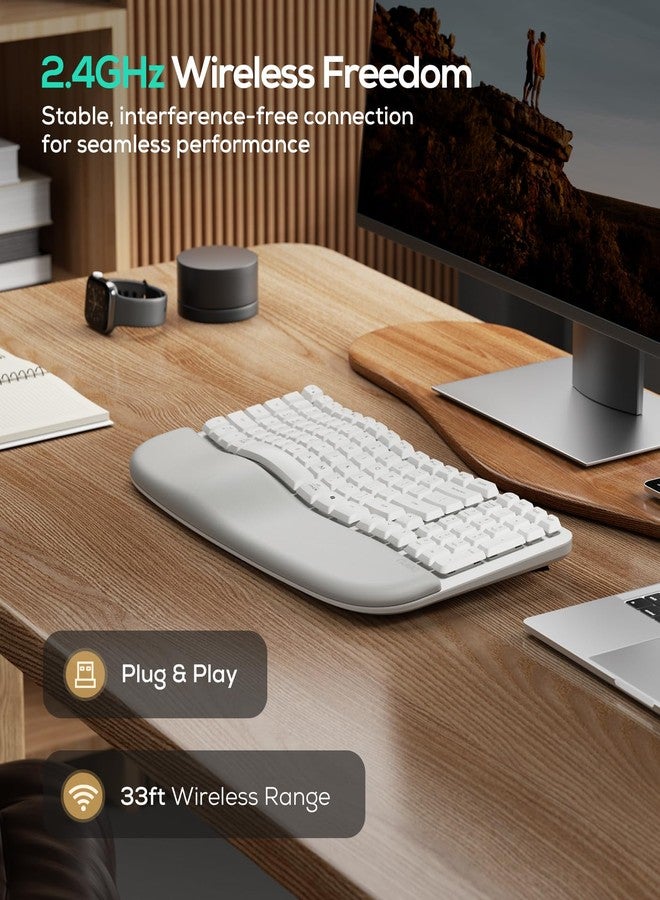 Nulea RT08 Wave Keys Wireless Ergonomic Keyboard with Cushioned Palm Rest, 2.4GHz Ergo Cordless USB Computer Keyboard, Comfortable Natural Typing, for Laptop, Mac, Windows (White) - Image 4