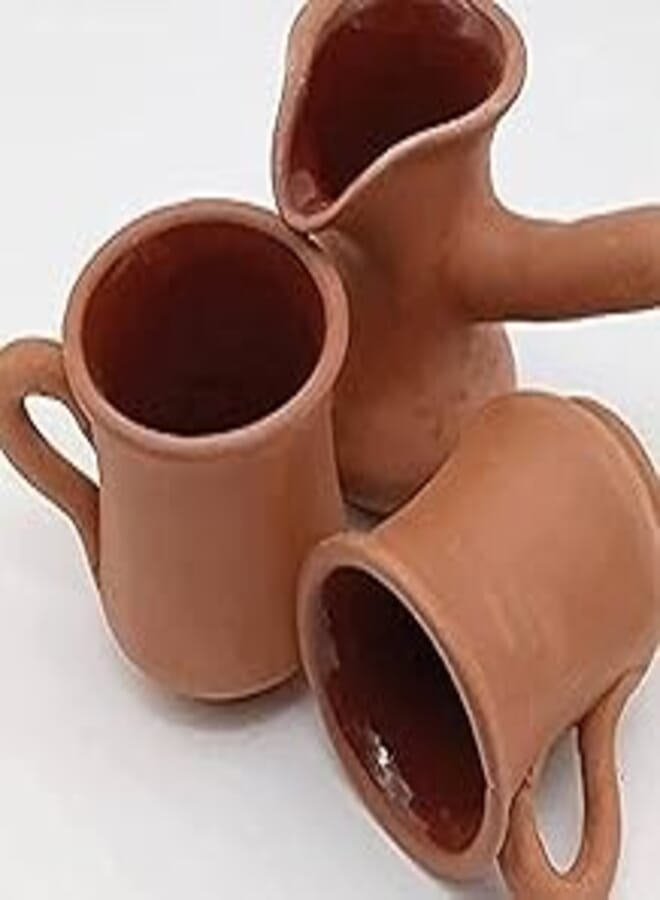 a cookware set and 2 pottery coffee cups