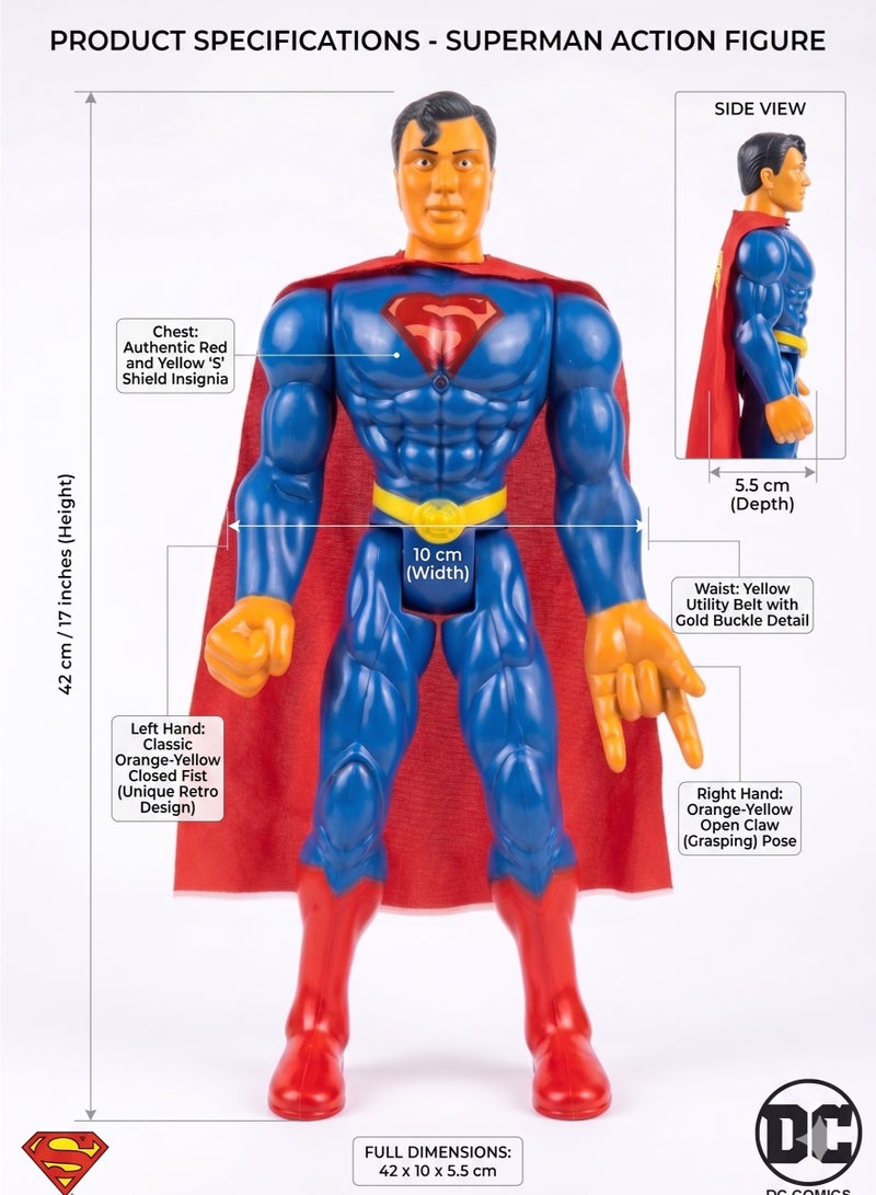DC Comics 42cm Giant Superman Superhero Action Figure – 17-Inch Large Scale Superhero Toy with Active Reactor Core LED Lights & Sounds | Justice League Guardian Figure with Fabric Cape & Unique Gauntlet Designs | Best Birthday & Eid Gift for Kids Ages 3+ - Image 2