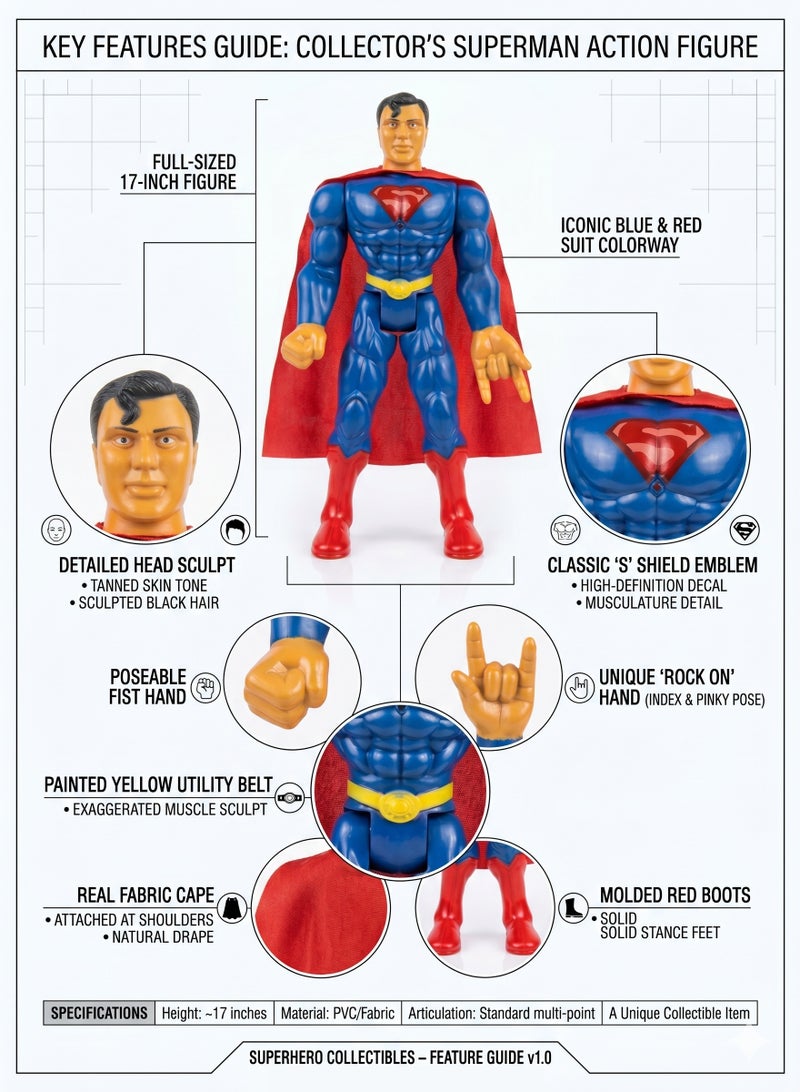 DC Comics 42cm Giant Superman Superhero Action Figure – 17-Inch Large Scale Superhero Toy with Active Reactor Core LED Lights & Sounds | Justice League Guardian Figure with Fabric Cape & Unique Gauntlet Designs | Best Birthday & Eid Gift for Kids Ages 3+ - Image 3