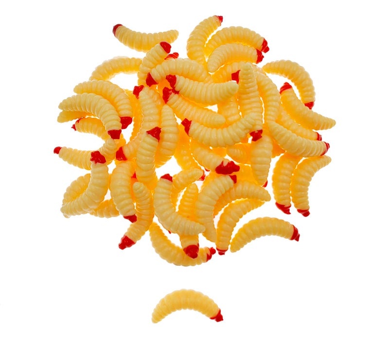 Milepetus 50pcs-1Inch Bass Fishing Worms Lures,Silicone Soft Maggot Baits Bread Worm Fishing Lure,5 Color (Beige) - Image 1
