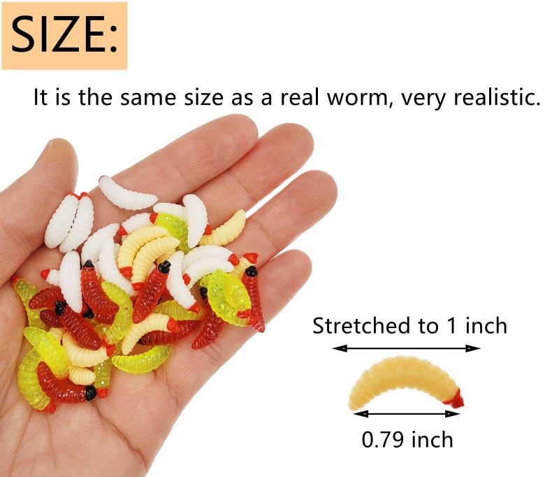 Milepetus 50pcs-1Inch Bass Fishing Worms Lures,Silicone Soft Maggot Baits Bread Worm Fishing Lure,5 Color (Beige) - Image 2