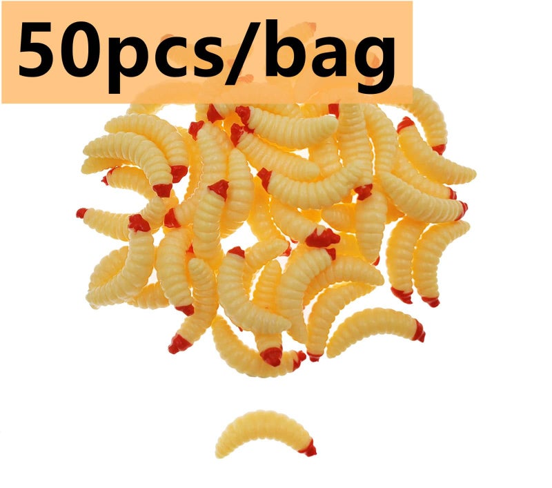 Milepetus 50pcs-1Inch Bass Fishing Worms Lures,Silicone Soft Maggot Baits Bread Worm Fishing Lure,5 Color (Beige) - Image 3