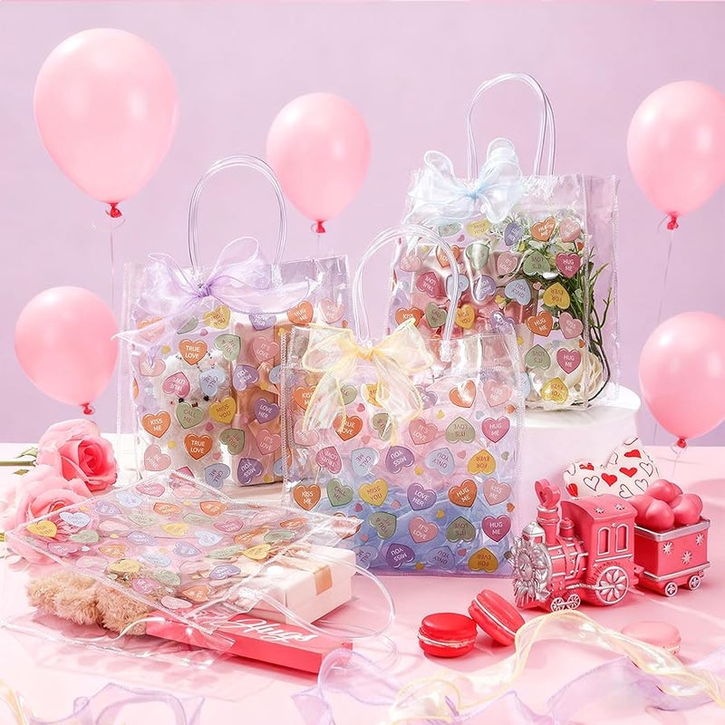 تينليد Tinlade 24 Pcs Clear Gift Bag with Handles Bows PVC Plastic Treat Goodie Party Favors Bags for Birthday Holiday Gift, 7.9 x 7.9 x 3.1 Inch(Conversation Heart,Multicolor) - Image 5
