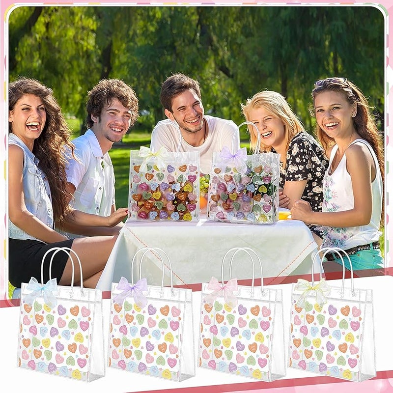 تينليد Tinlade 24 Pcs Clear Gift Bag with Handles Bows PVC Plastic Treat Goodie Party Favors Bags for Birthday Holiday Gift, 7.9 x 7.9 x 3.1 Inch(Conversation Heart,Multicolor) - Image 4