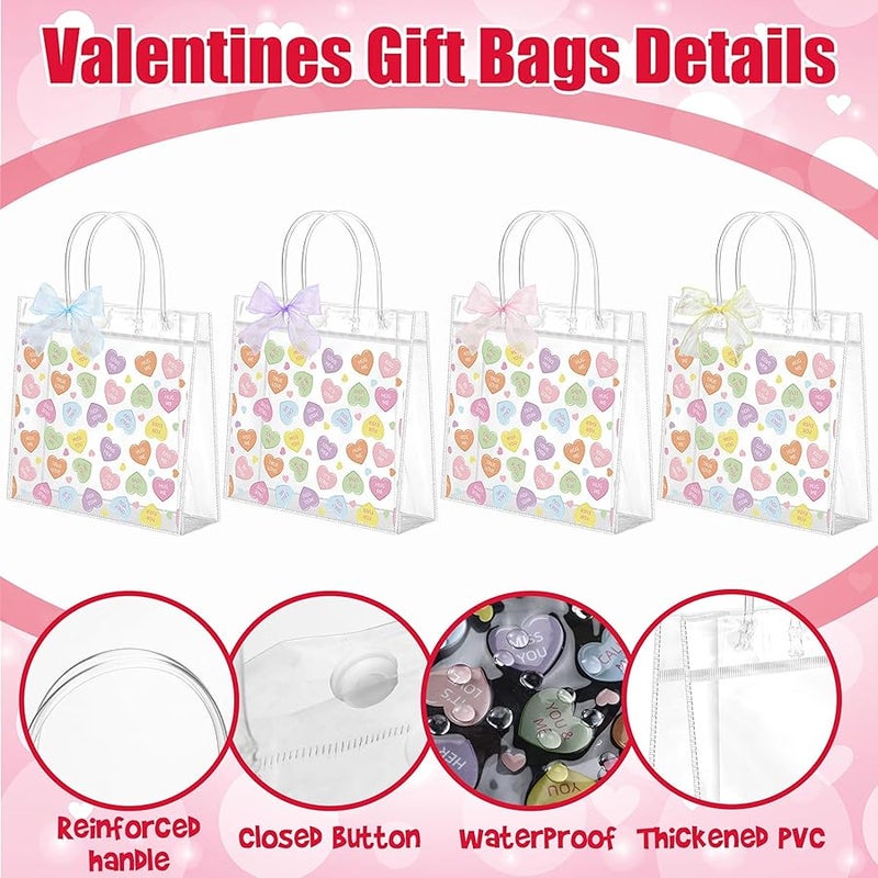 تينليد Tinlade 24 Pcs Clear Gift Bag with Handles Bows PVC Plastic Treat Goodie Party Favors Bags for Birthday Holiday Gift, 7.9 x 7.9 x 3.1 Inch(Conversation Heart,Multicolor) - Image 3