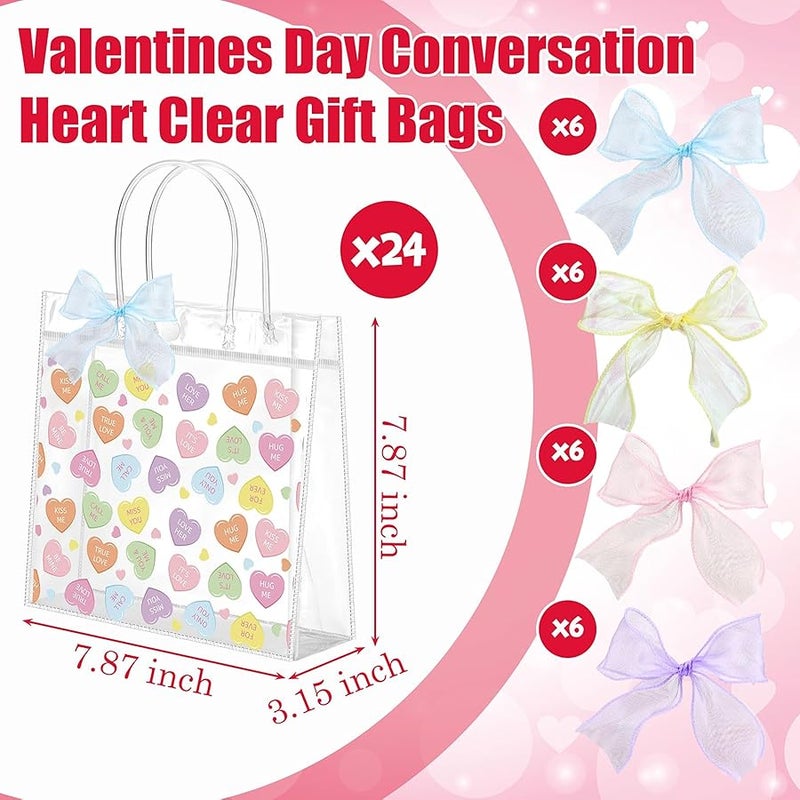 تينليد Tinlade 24 Pcs Clear Gift Bag with Handles Bows PVC Plastic Treat Goodie Party Favors Bags for Birthday Holiday Gift, 7.9 x 7.9 x 3.1 Inch(Conversation Heart,Multicolor) - Image 2