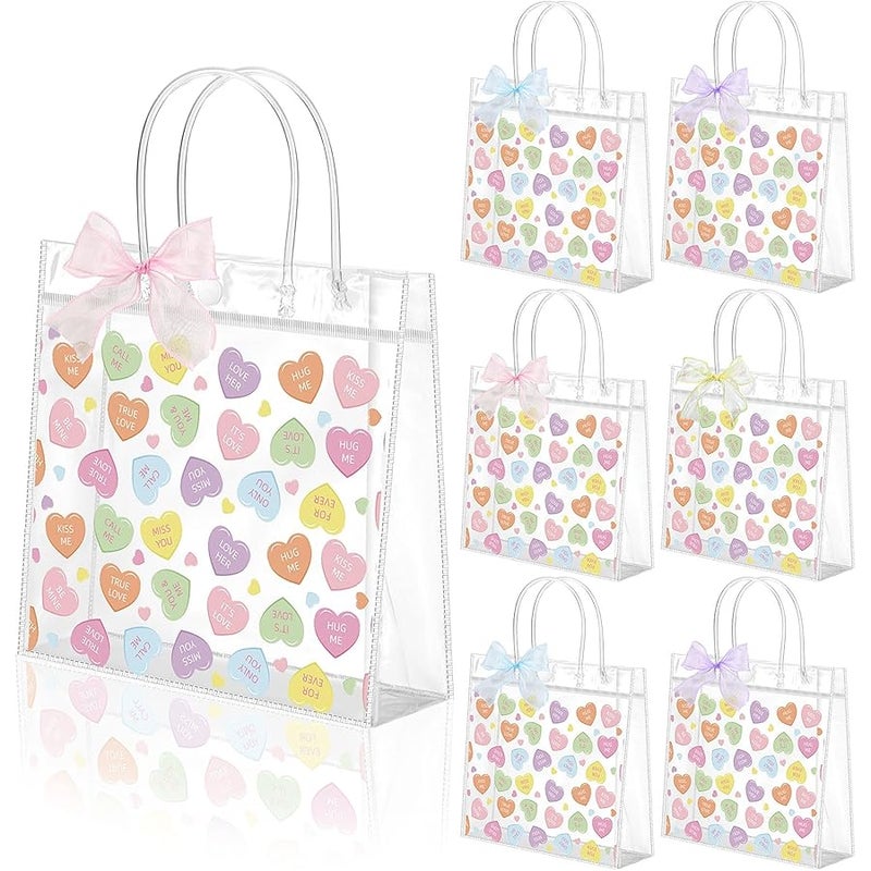 تينليد Tinlade 24 Pcs Clear Gift Bag with Handles Bows PVC Plastic Treat Goodie Party Favors Bags for Birthday Holiday Gift, 7.9 x 7.9 x 3.1 Inch(Conversation Heart,Multicolor) - Image 1