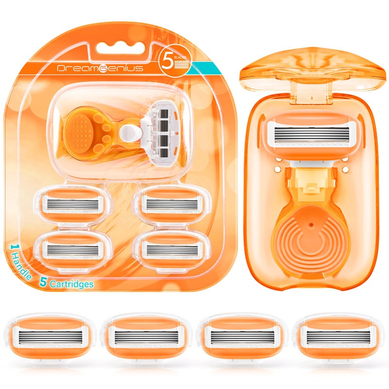 DreamGenius Travel Razors for Women Include 1 Handle and 5 Cartridges Extra Smooth 5Blade Travel Essentials Razor with Case for Shaving Orange