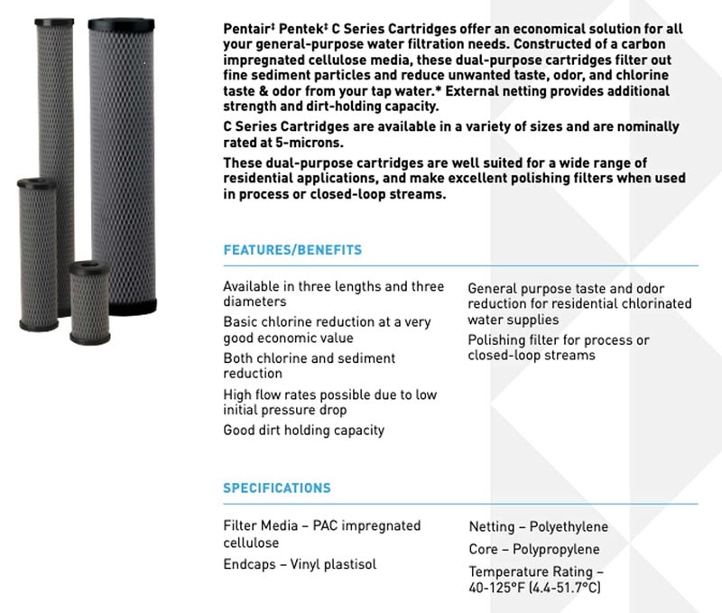 Pentek Pentair Pentek C1 Carbon Water Filter, 10-Inch, Under Sink Dual Purpose Powdered Activated Carbon-Impregnated Cellulose Replacement Cartridge, 10" x 2.5", 5 Micron, Black - Image 3
