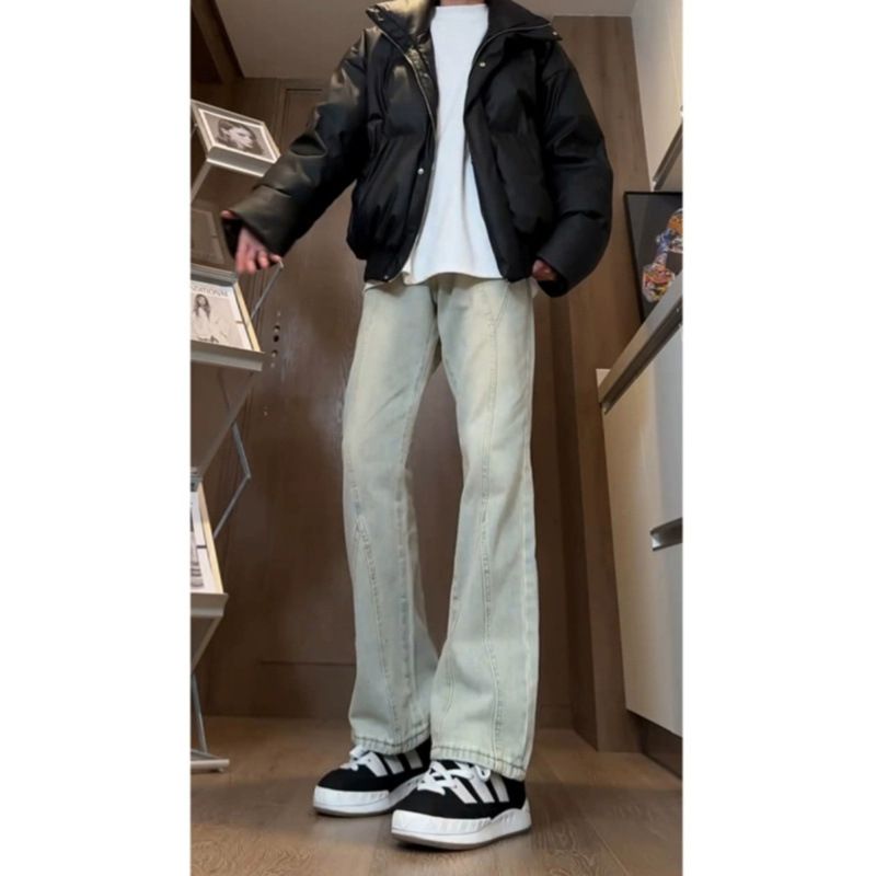 Men's Jeans INS Trendy Cat Whisker Worn Stretch Cropped Denim - Image 2
