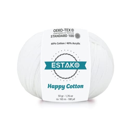 Estako Happy Cotton, 60% Cotton 40% Acrylic Yarn, Soft, Fine/Sport (2) for Crochet and Knitting 1.76 Oz (50g) / 180 Yrds (165m) (4110 - White) - Image 1
