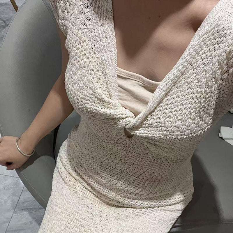 فساتين فينتج مع كروشيه مفرغ وعقدة ملتوية - Image 3