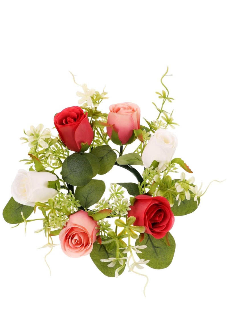 SYOSI Candle Decoration Garland Wedding Candle Wreath Spring Wreath Ring Candle Stick Wreaths Fake Roses Candle Ring Artificial Floral Wreath Green Candles Mini Silk Flower Scented Tea - Image 1
