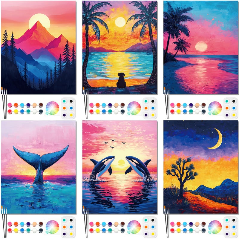 Dinifee 6 Pack Pre Drawn Canvas for Painting Pre Printed Canvas Kit 8 x 10 Inch Stretched Cotton Paint and Sip Set for Adults Couple Party Date Night (Sunset) - Image 1