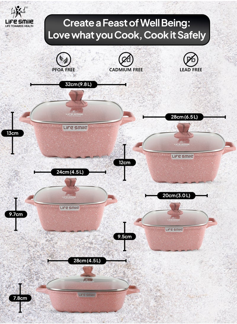 Life Smile Nonstick Cookware Set 10 pcs -Oven Safe Aluminum Cookwares -Granite Coated Cooking Pots & Pan Set Includes  includes 20cm/24cm/28cm/32cm Soup pot with lid and 28cm Shallow pot with Lid-100% PFOA Free Cooking Set(Pink)  - Image 2