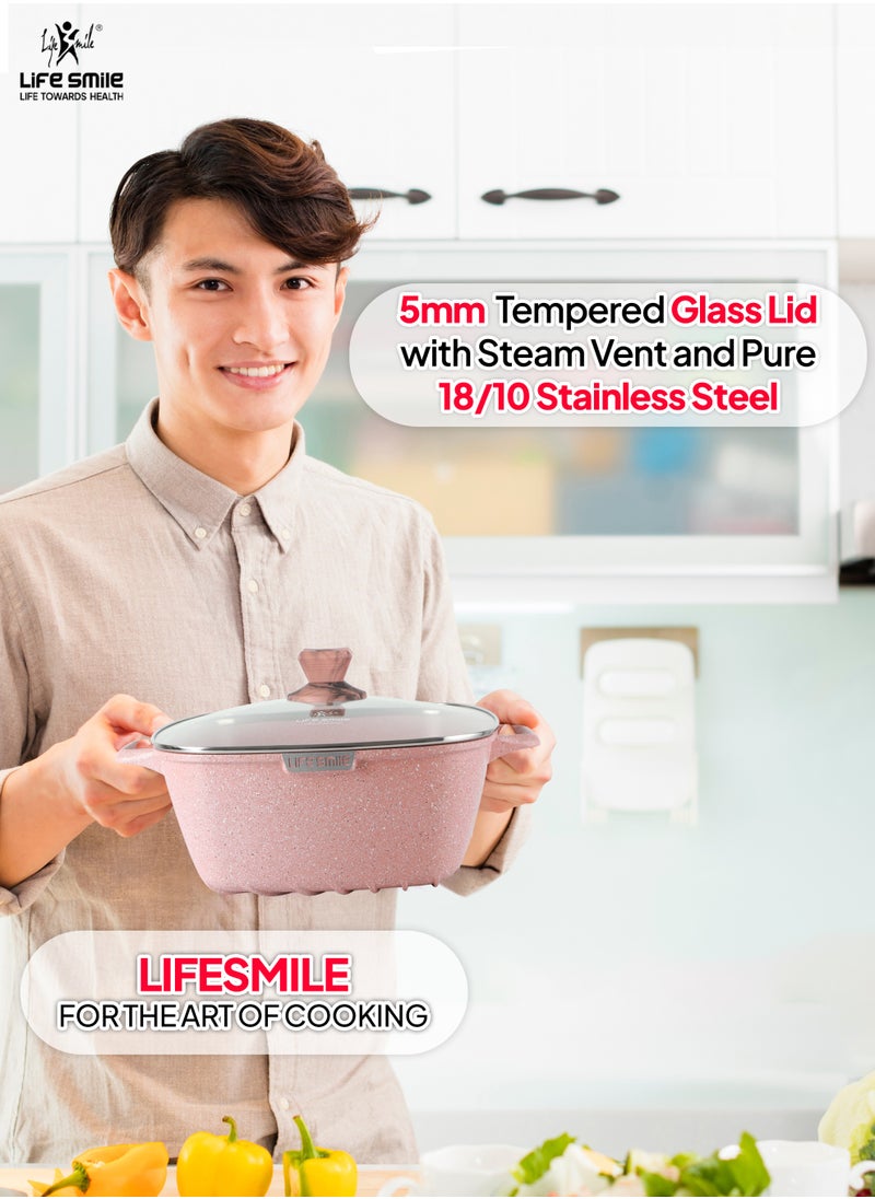 Life Smile Nonstick Cookware Set 10 pcs -Oven Safe Aluminum Cookwares -Granite Coated Cooking Pots & Pan Set Includes  includes 20cm/24cm/28cm/32cm Soup pot with lid and 28cm Shallow pot with Lid-100% PFOA Free Cooking Set(Pink)  - Image 4