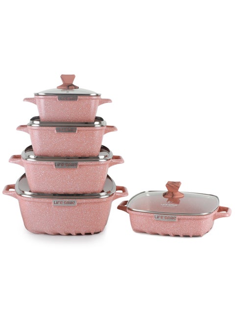 Nonstick Cookware Set 10 pcs -Oven Safe Aluminum Cookwares -Granite Coated Cooking Pots & Pan Set Includes  includes 20cm/24cm/28cm/32cm Soup pot with lid and 28cm Shallow pot with Lid-100% PFOA Free Cooking Set(Pink)