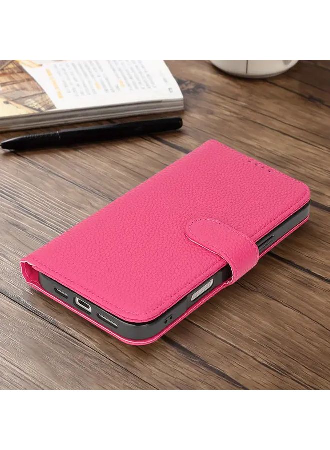 غلاف محفظة جلدية لآيفون 15 بلس مع فتحات بطاقات حاجبة لـ RFID، ومشبك مغناطيسي باللون الوردي الأحمر - Image 1