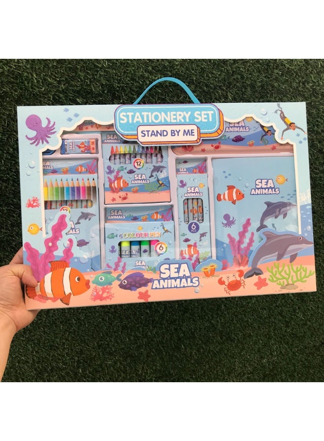 Generic Home Smart Dinosaur Stationery set 35Pcs with Notebook Pencil box Ruler Sharpener Eraser Color pencils Color pens and Crayons perfect for gift  - Image 2
