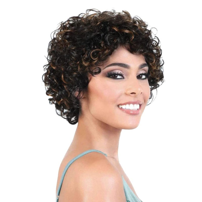 HUA Short Curly Human Hair Wigs for Black Women Glueless Bouncy Curly Short Pixie Wigs for Black Women Human Hair with Brown Highlights