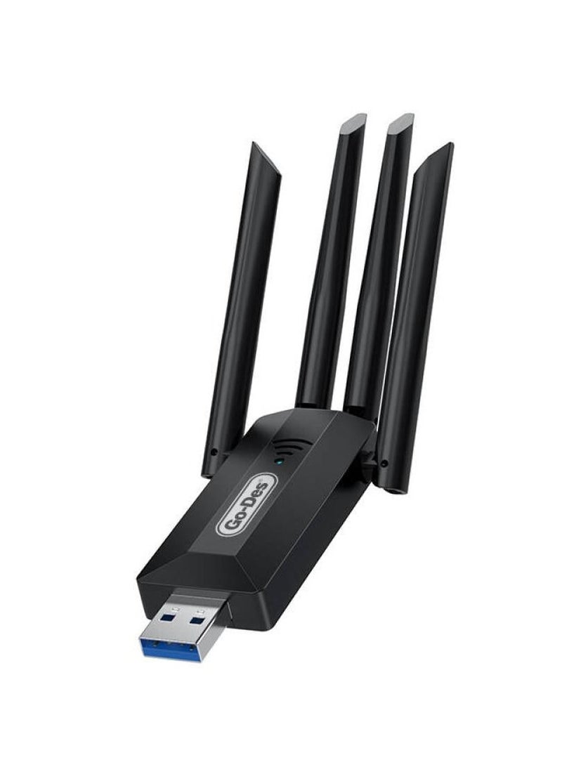GO-DES Adapter GD-BT318 Dual Band 1200m 300Mbps 4 Antennas Wireless Internet Provider USB for Desktop Black  - Image 1