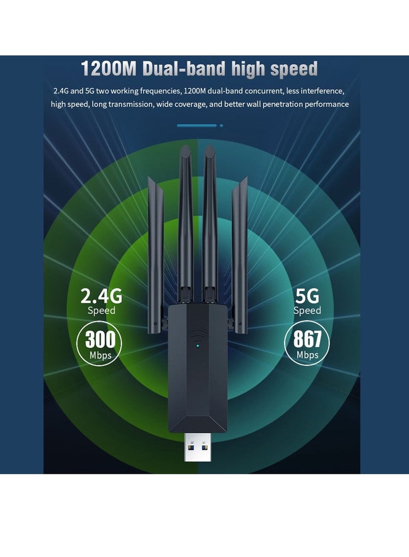 GO-DES Adapter GD-BT318 Dual Band 1200m 300Mbps 4 Antennas Wireless Internet Provider USB for Desktop Black  - Image 4