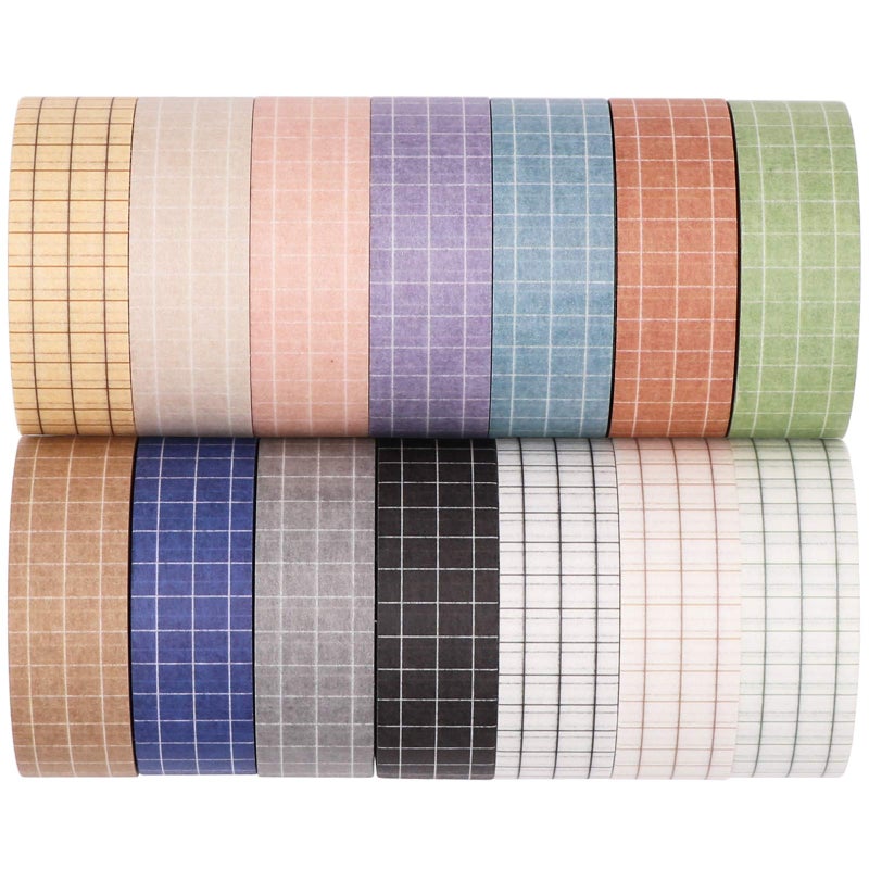 Knaid Grid Washi Tape Set 14 Rolls of 15 mm Wide Decorative Colored Masking Tapes for Scrapbooking DIY Decor and Crafts Bullet Journals Planners Junk Journal Gift Wrapping