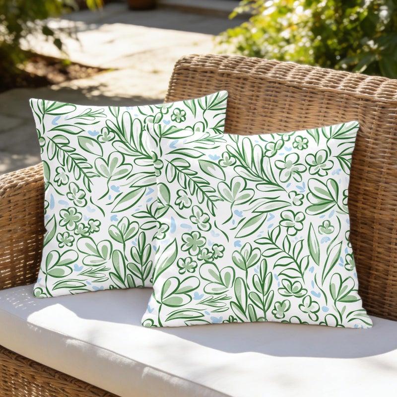 CaliTime Throw Pillow Covers Outdoor Waterproof Pack of 2 Cozy Elegant Blossoming Flowers Leaves Decorative Cushion Cases for Garden Patio Tent Balcony Couch Sofa 18 X 18 Inches Dark Green Baby Blue - Image 2