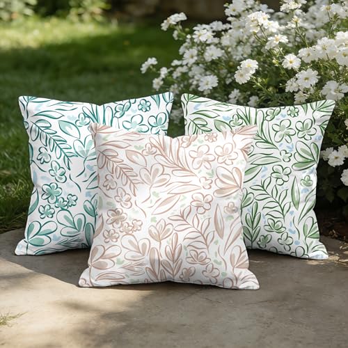 CaliTime Throw Pillow Covers Outdoor Waterproof Pack of 2 Cozy Elegant Blossoming Flowers Leaves Decorative Cushion Cases for Garden Patio Tent Balcony Couch Sofa 18 X 18 Inches Dark Green Baby Blue - Image 3