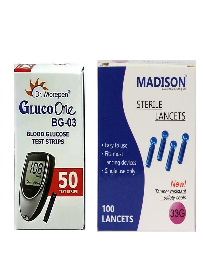 Madison Dr. Morepen BG-03 Blood Glucose Test Strips, 50 Strips with Madison 100 round lancet (no glucometer) - Image 1