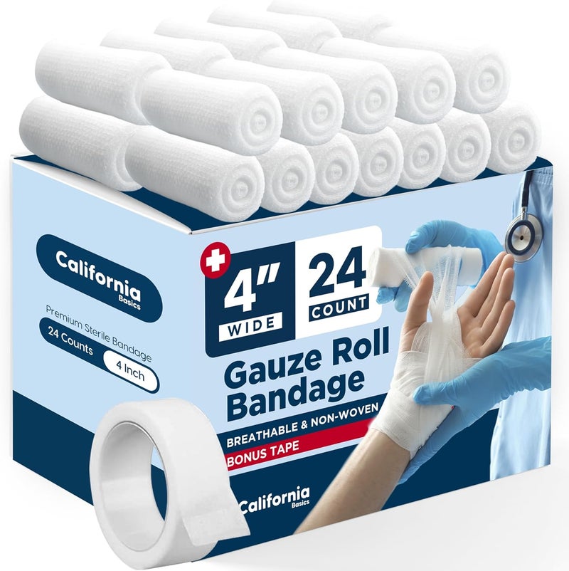 California Basics 24Pack Gauze Bandage Roll with Tape 4 Inches x 4 Yards  Soft Stretchable  Breathable Wrap for Wound Care First Aid  Medical Supplies  White - Image 1