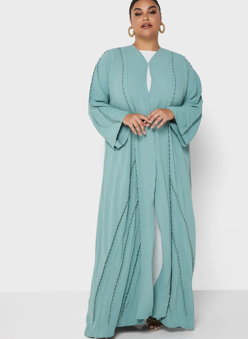Hayas Closet Curve Embellished Piping Detail Colored Abaya