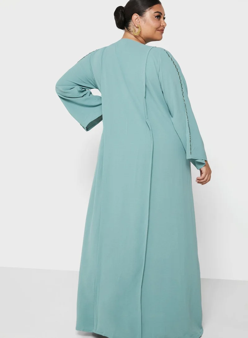Hayas Closet Curve Embellished Piping Detail Colored Abaya