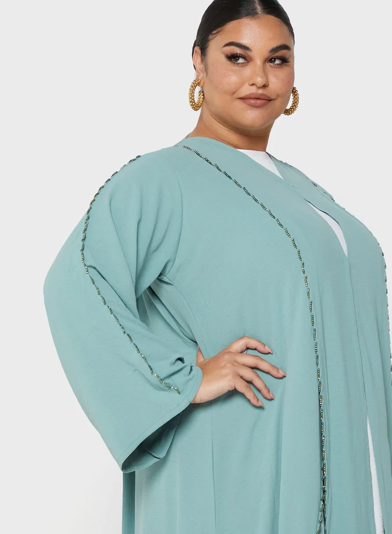 Hayas Closet Curve Embellished Piping Detail Colored Abaya