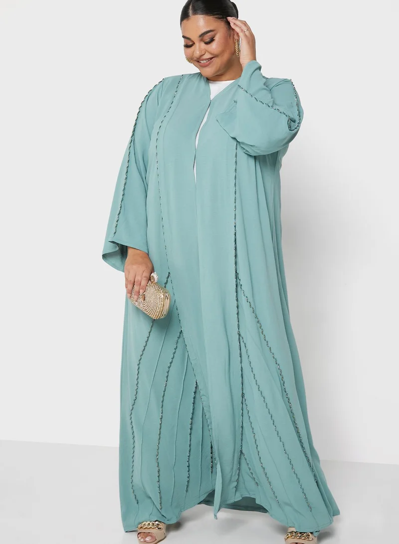 Hayas Closet Curve Embellished Piping Detail Colored Abaya