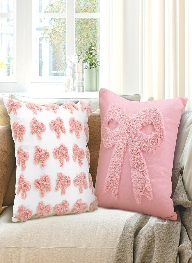 FuWeave أغطية وسائد فيويف وردية مع رباط مجموعة من 2 زينة غرفة كوكيت زخرفة تطريز رباط وردي أغطية وسائد كوشن رباط مريح أشياء بريبي وسادة فخمة من الفرو لسرير الأريكة 18 x 18 بوصة - Image 1