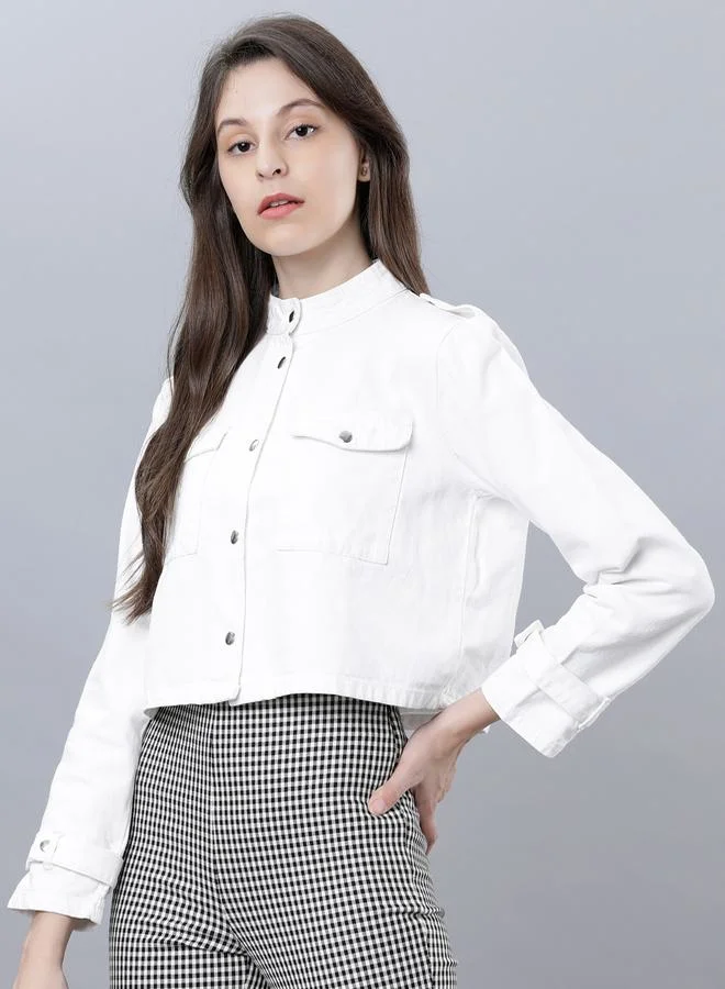 Tokyo Talkies High Neck Cropped Denim Jacket by Styli