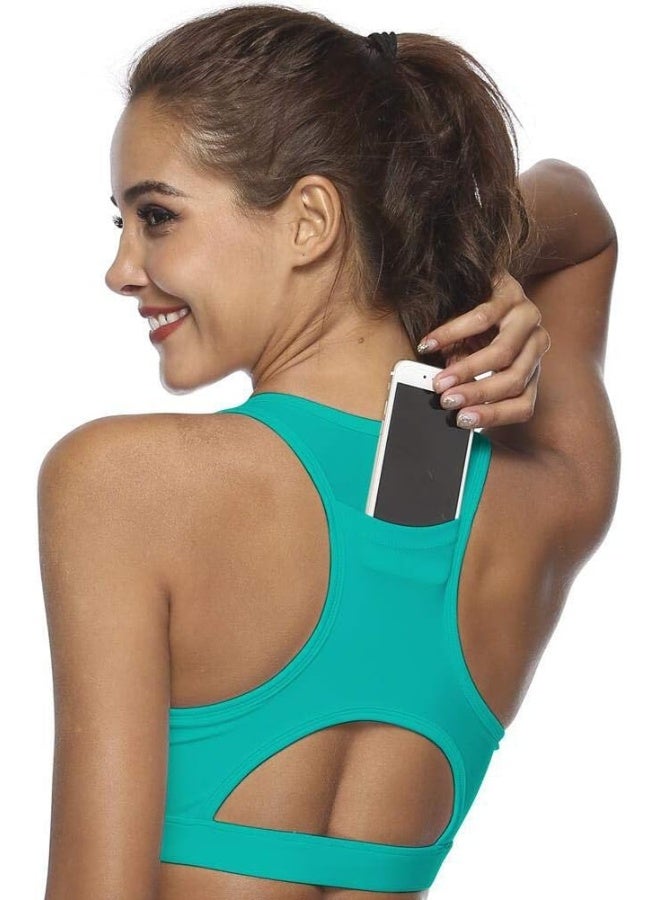 Rubik Sports Bra for Women with Back Pocket, Wirefree High Impact Racerback Quick Dry Removable Padded Seamless Activewear Bra for Running Yoga Gym Workout Fitness (Large) Green - Image 1