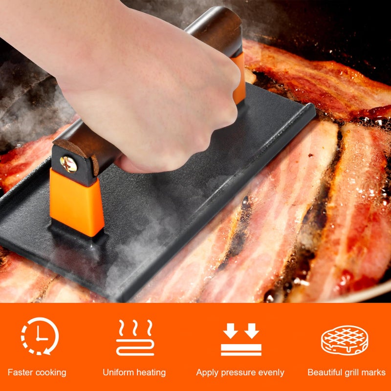 GGC GGC Bacon Press for Griddle, Cast Iron Smash Burger Press for Hamburger, Steak, Bacon, Sandwiches, 8"x 4" Rectangle Meat Press with Wooden Handle for Grill and Griddle Cooking(10Pcs Patty Paper)  - Image 2