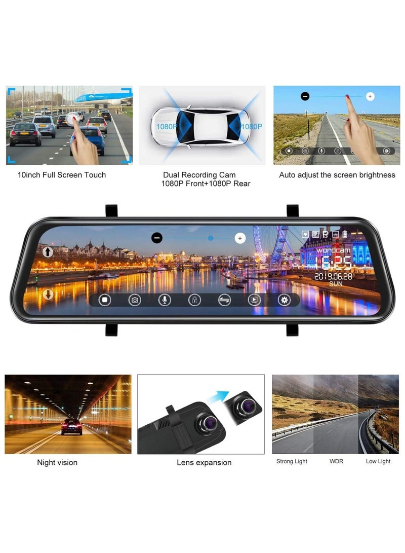 SHEZA STAR Dash Cam，Mirror Backup Camera 10 Inch Touch Screen 1080P Streaming Vehicle Media Dual Lens Full HD Reverse Camera 170°Wide Angle with Backup Camera G-Sensor Parking Monitor - Image 4