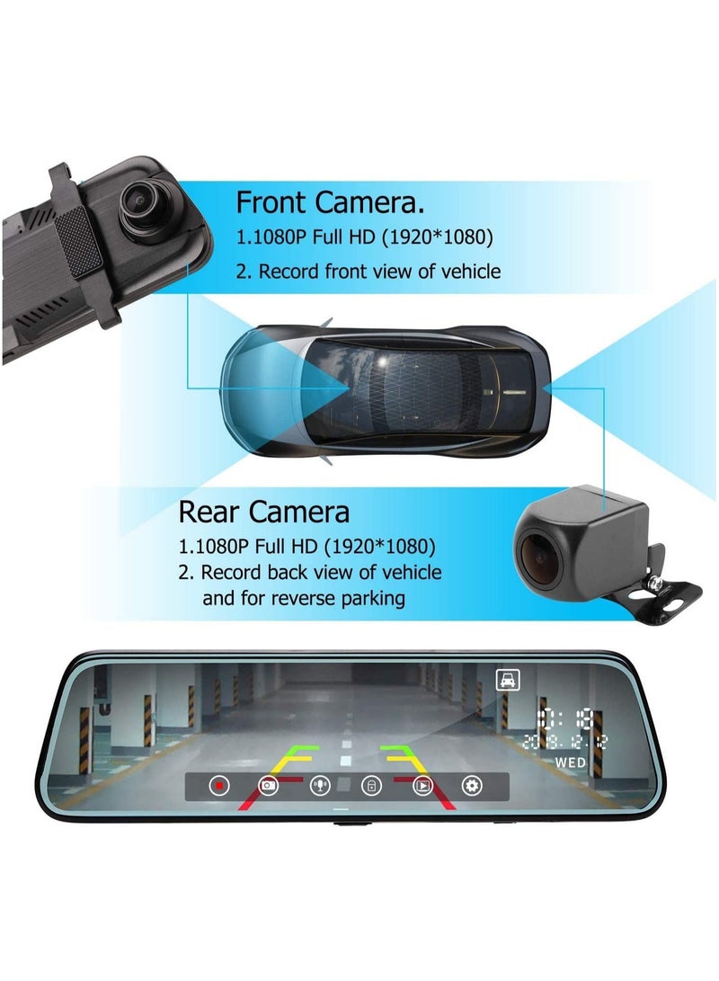 SHEZA STAR Dash Cam，Mirror Backup Camera 10 Inch Touch Screen 1080P Streaming Vehicle Media Dual Lens Full HD Reverse Camera 170°Wide Angle with Backup Camera G-Sensor Parking Monitor - Image 2