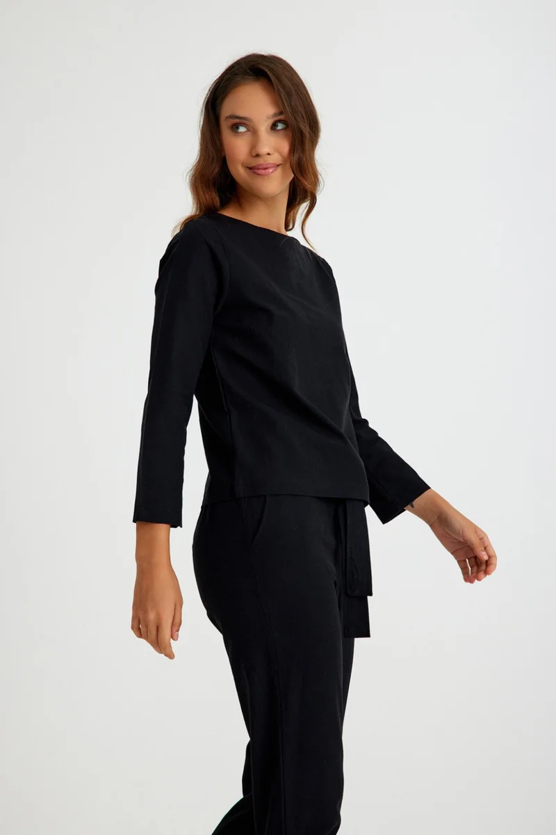 باربورا Linen Casual Waist Belted Women's Two Piece Set Bottom Top LN01SIYAH17