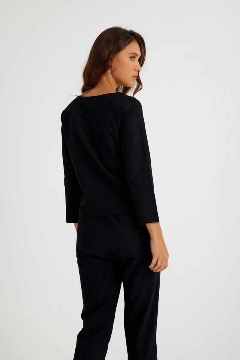 باربورا Linen Casual Waist Belted Women's Two Piece Set Bottom Top LN01SIYAH17