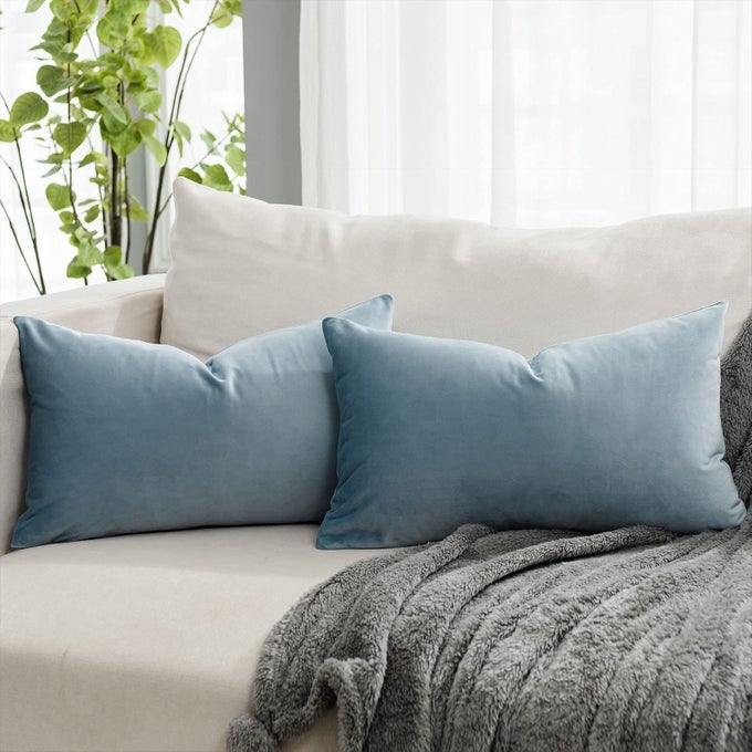 LIGHT BLUE DECORATIVE LUMBAR VELVET THROW PILLOW COVERS 12X20 INCH SET OF 2 WITH ZIPPER LUXURY SOFT SOLID RECTANGLE CUSHION COVERS CASE FOR SOFA COUCH BED LIVING ROOM