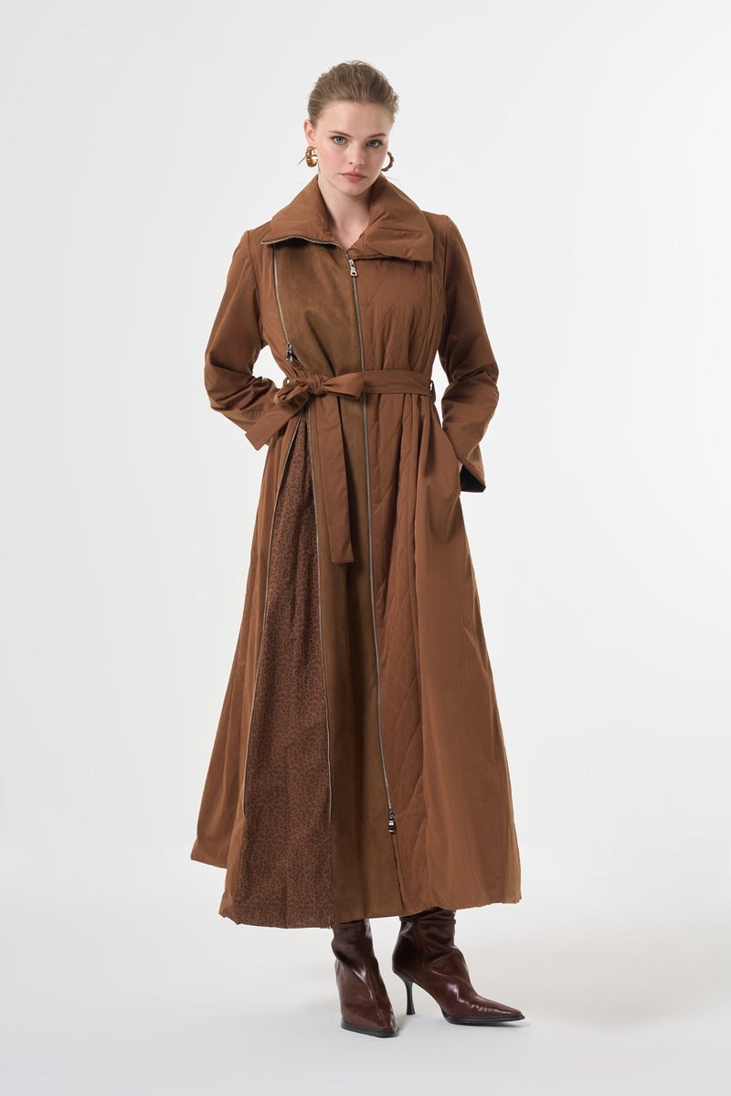 MissWhence Overcoat with Side Slit and Leopard Pattern - Brown - Image 1