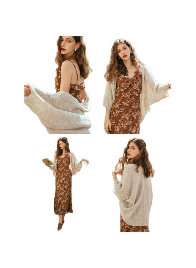 Olrain Batwing Sleeve Knit Cardigan Loose Casual Thin Sweater Shawl, Apricot Color, Size M - Image 1