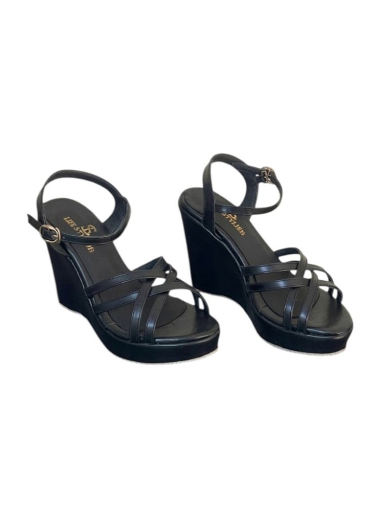 LIFESTYLISH Sandal Wedge Leather With Straps W-12 - Black - Image 3