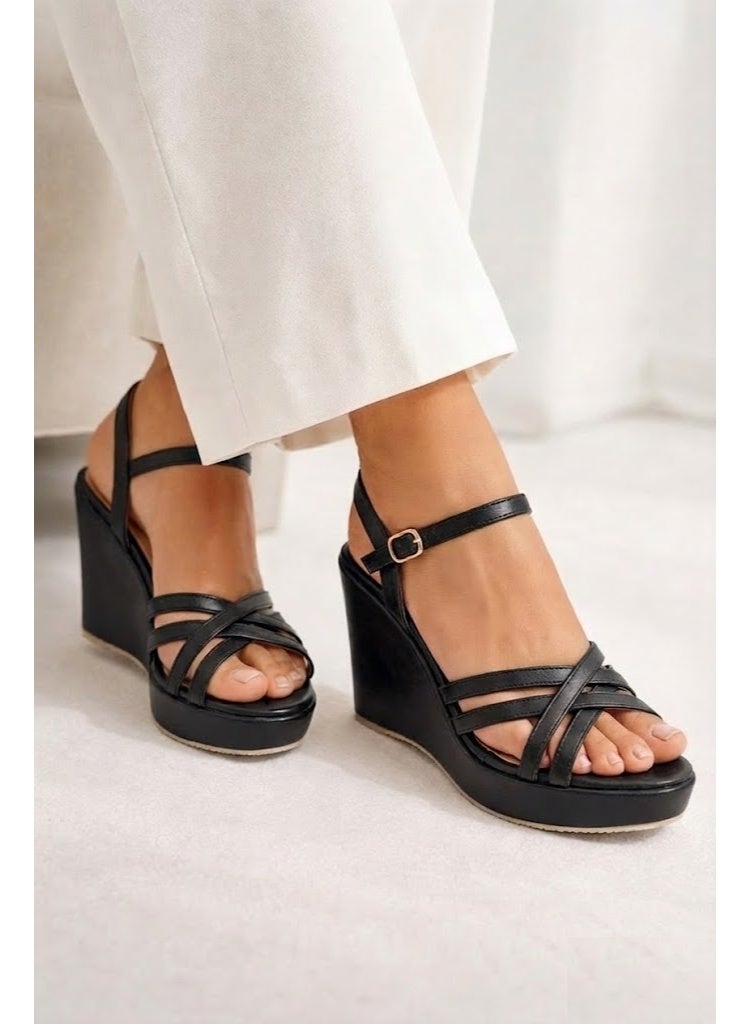 LIFESTYLISH Sandal Wedge Leather With Straps W-12 - Black - Image 4
