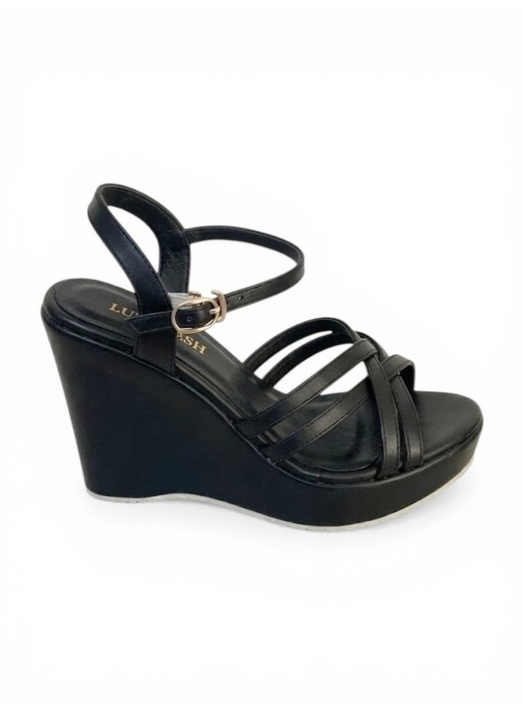 LIFESTYLISH Sandal Wedge Leather With Straps W-12 - Black - Image 1